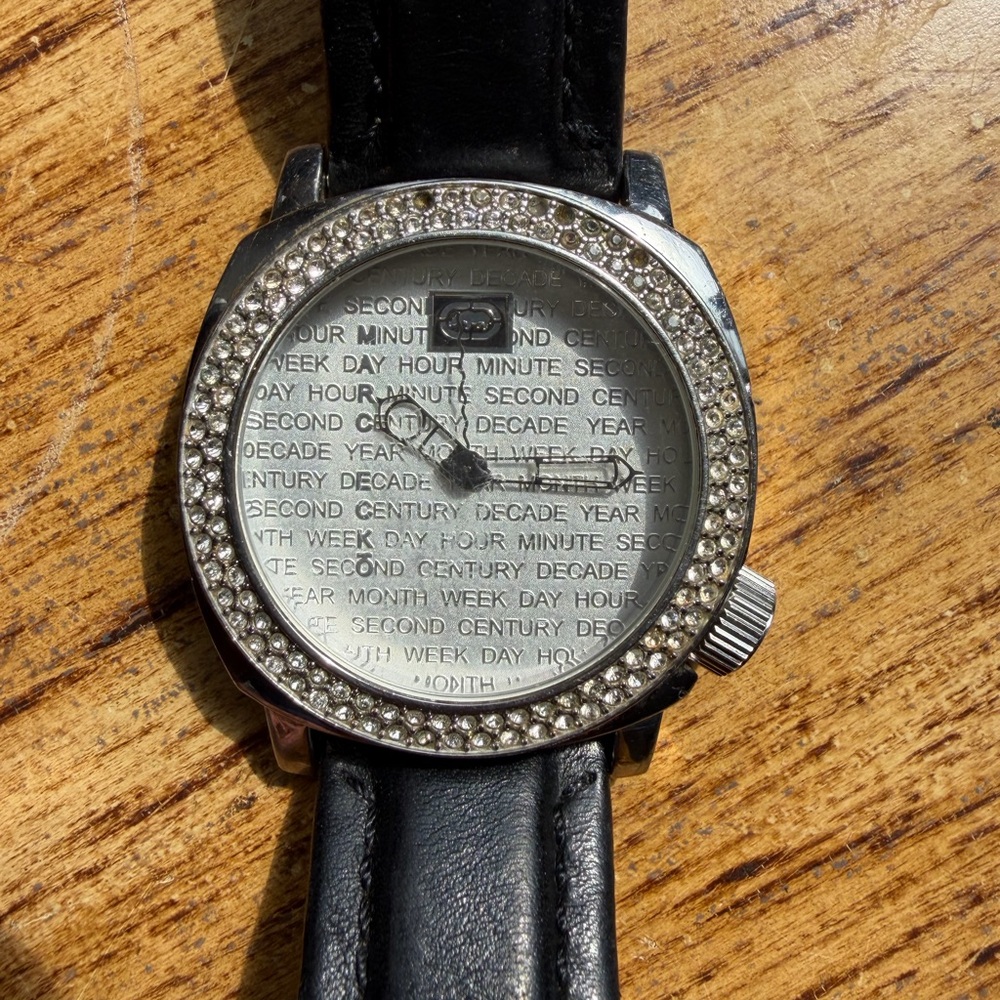 Fossil Silver Crystal Bezel Watch with Black Leather Strap
